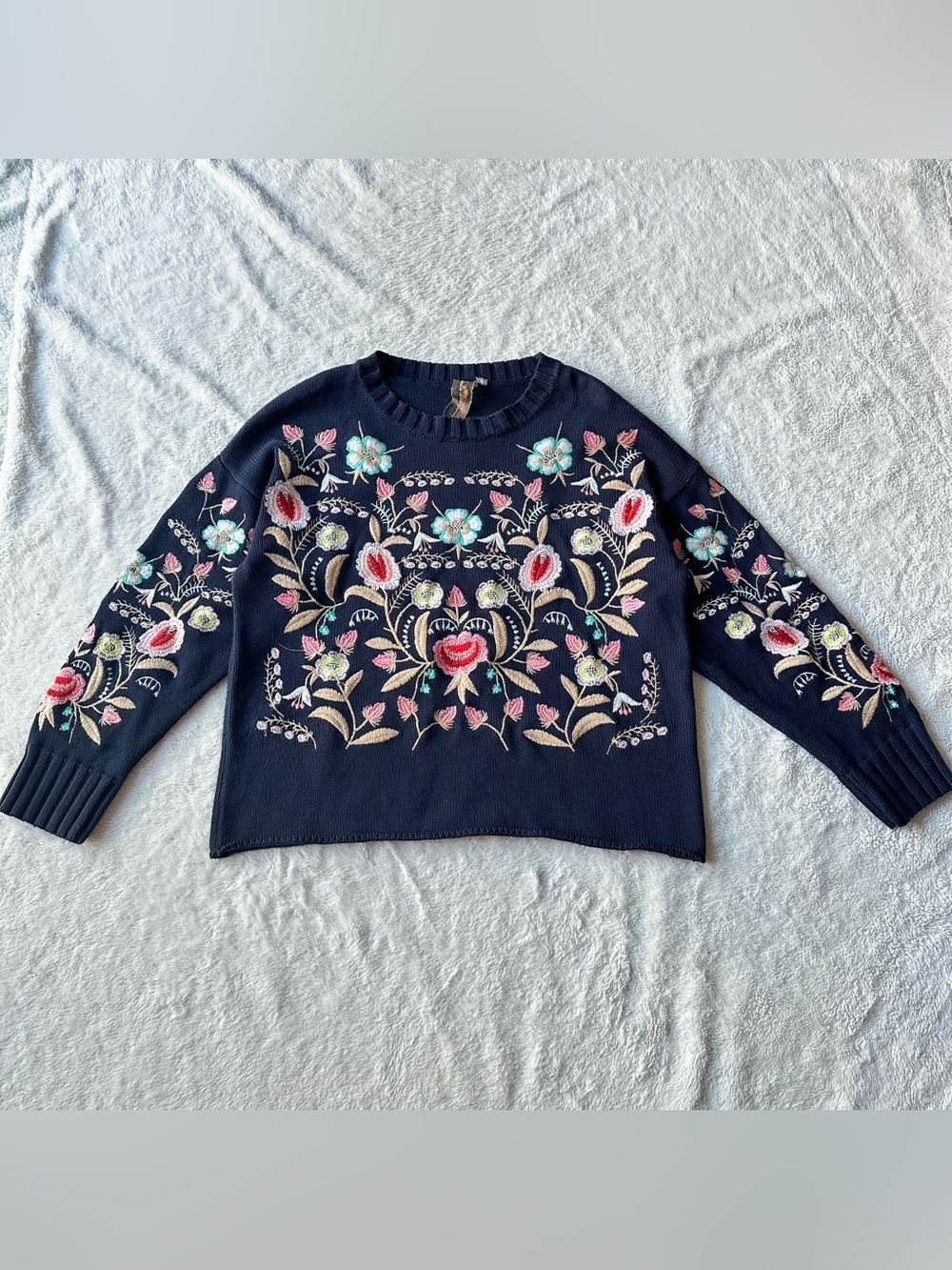 Aratta Silent Journey Womens Navy Blue Floral Embroidered Knit Sweater Sz Med